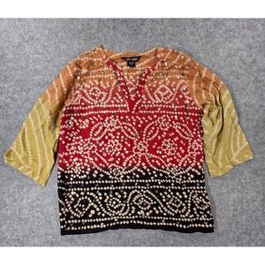 Zero Zero Womens Sz Large Black Red Gold Glitter Medallion Sheer Tunic Blouse